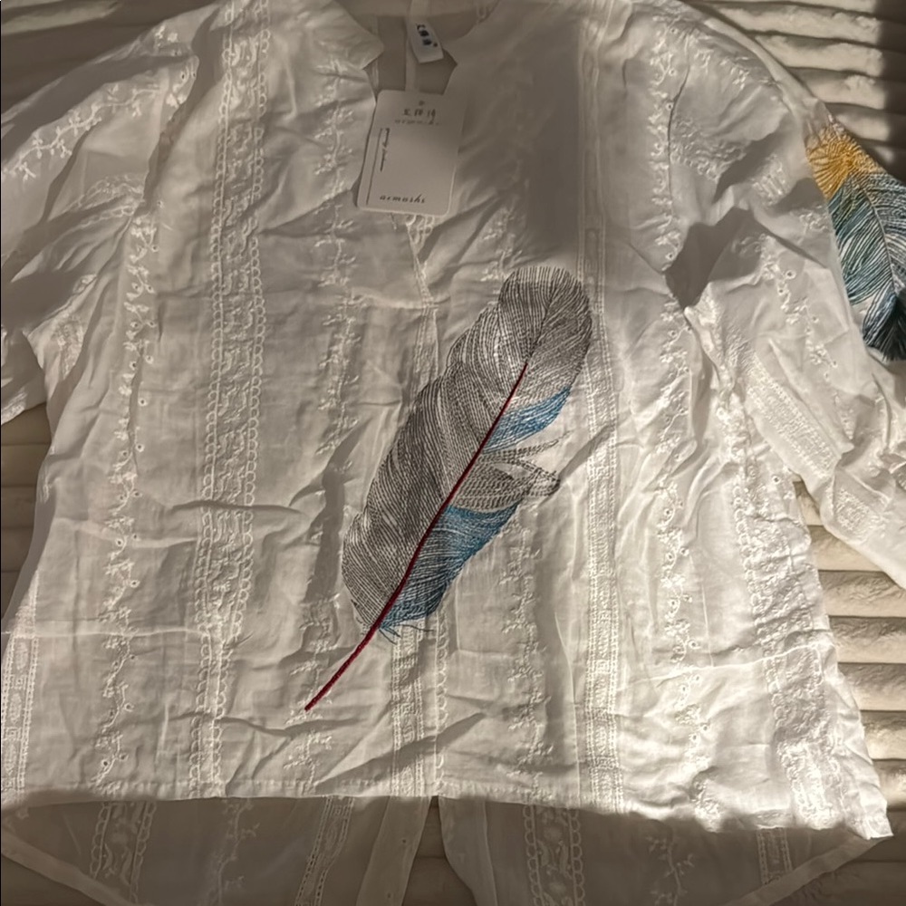 White Blouse with Feather Embroidery